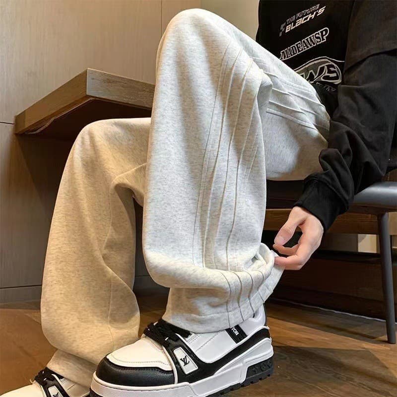 ストレートパンツ ゆったりプリーツストレートジャージーパンツ
