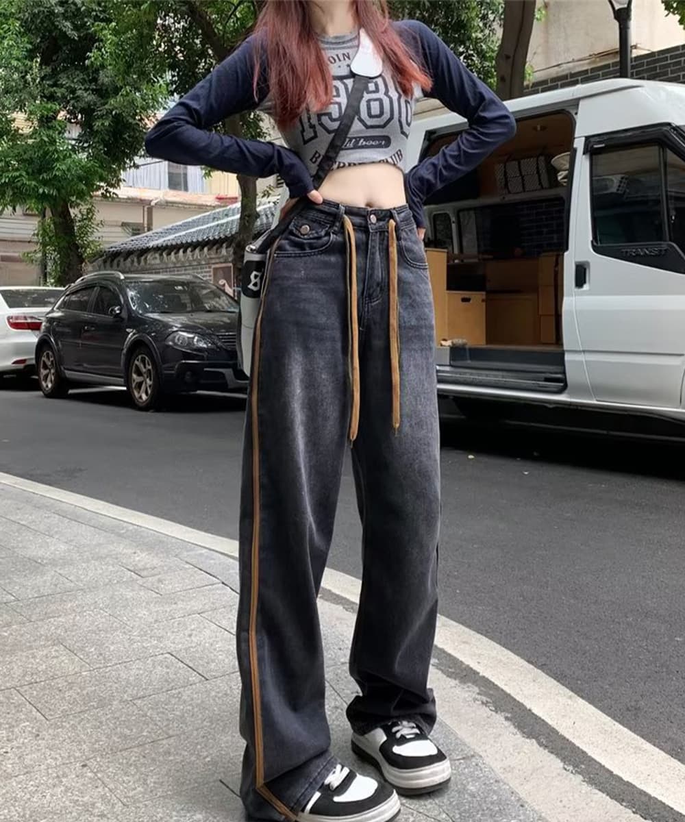 ストレートパンツ サイドライン入りデニムパンツ ハイウエスト美脚ストレート