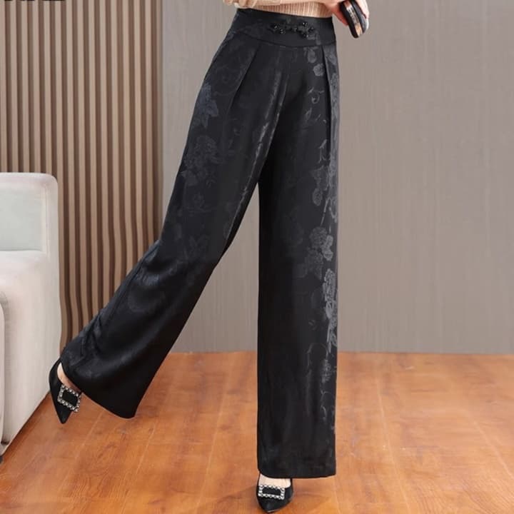 ストレートパンツ優雅な花柄サテンストレートパンツ