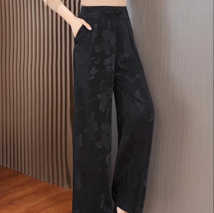 ストレートパンツ優雅な花柄サテンストレートパンツ