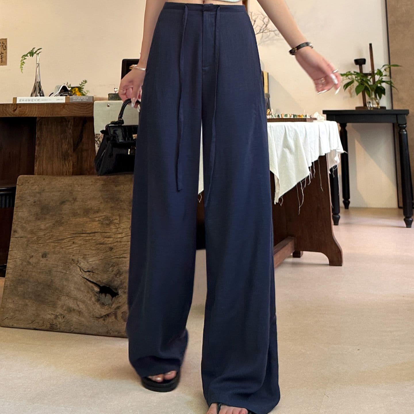ストレートパンツ 上質リネン風ワイドスラックス