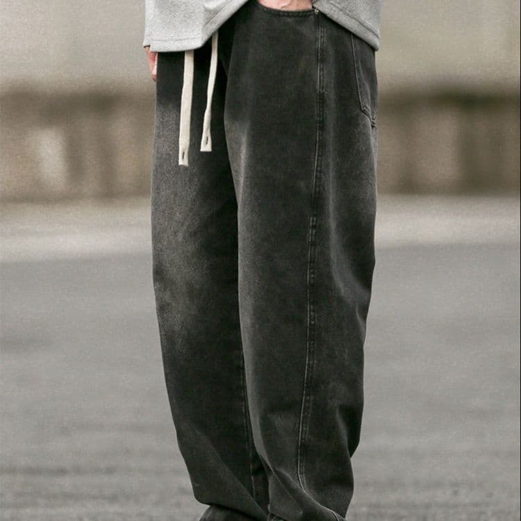 ストレートパンツ ゆったりシルエット 紐付き 無地デニムパンツ
