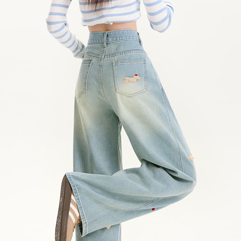 ストレートパンツ うさぎ刺繍入りワイドデニムパンツ