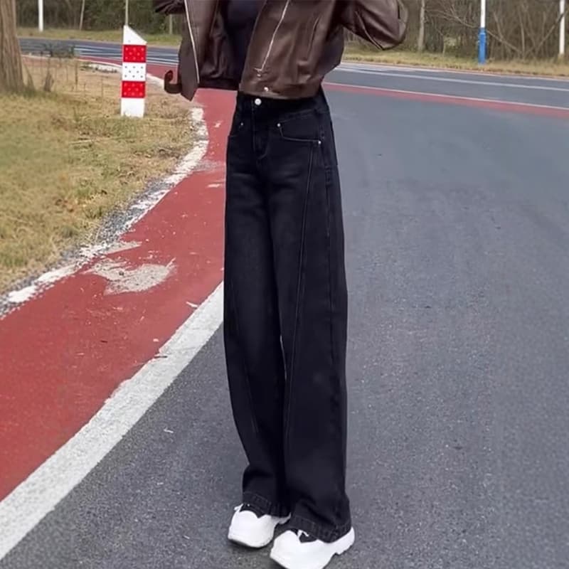 ストレートパンツ ハイウエストルーズストレートデニム