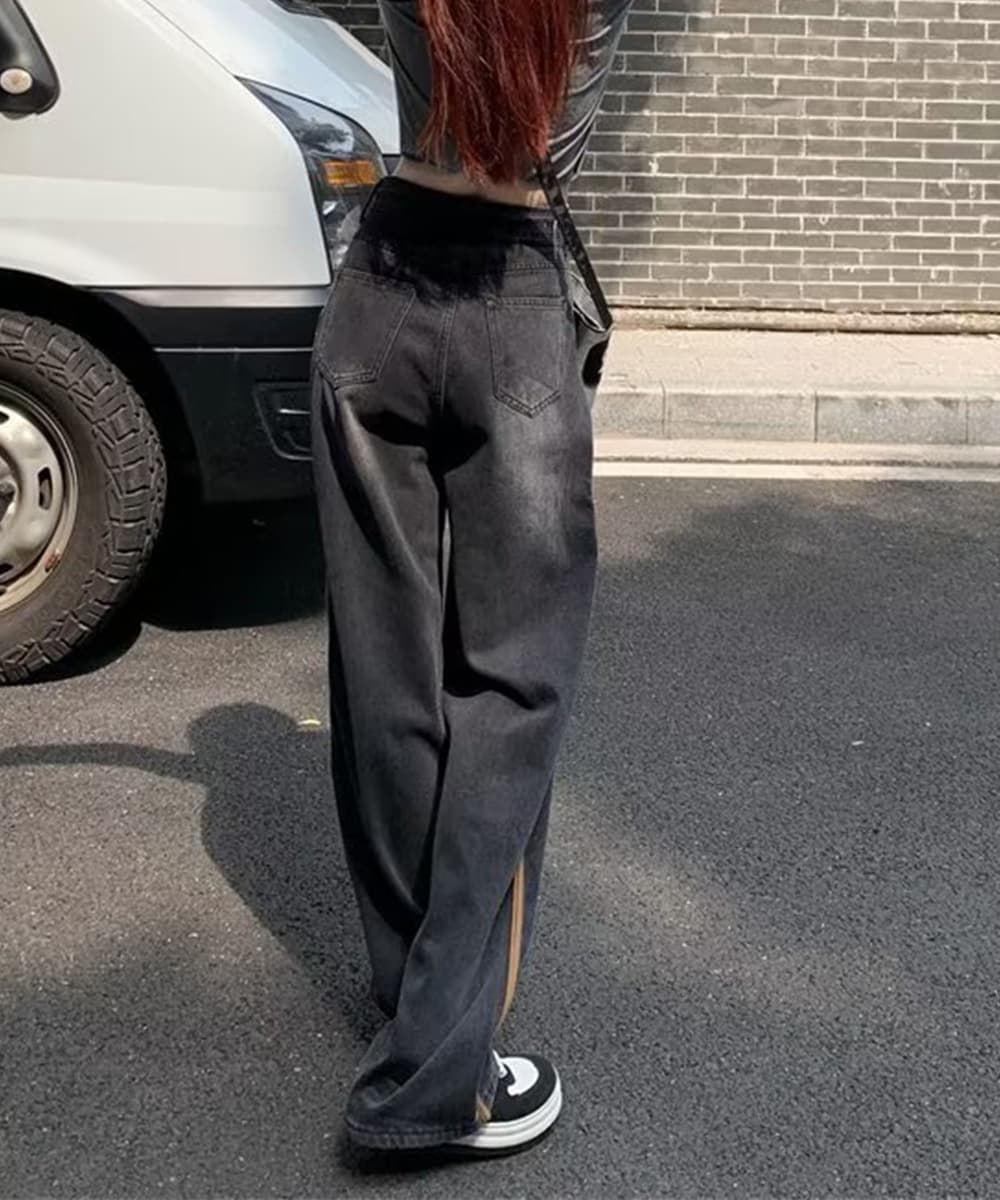ストレートパンツ サイドライン入りデニムパンツ ハイウエスト美脚ストレート