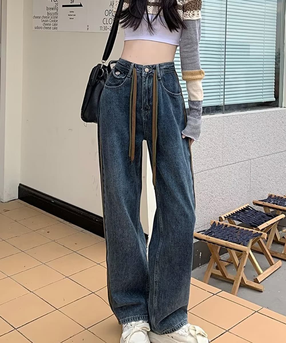 ストレートパンツ サイドライン入りデニムパンツ ハイウエスト美脚ストレート