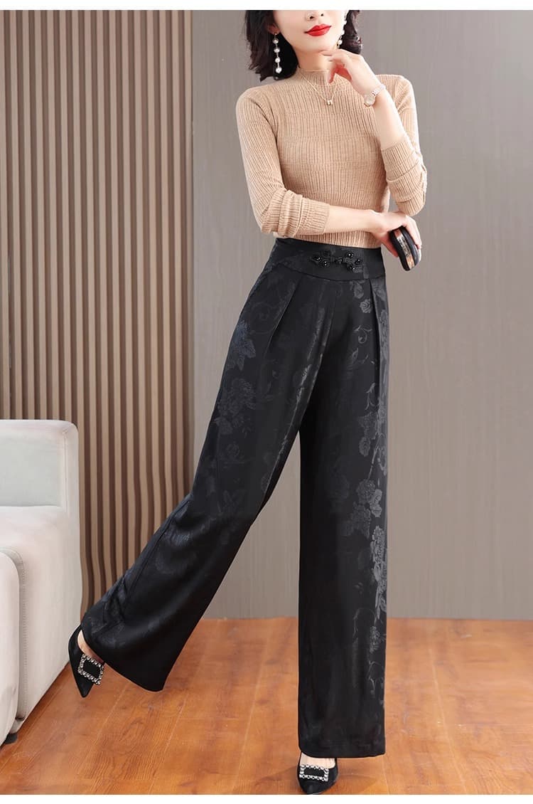 ストレートパンツ優雅な花柄サテンストレートパンツ