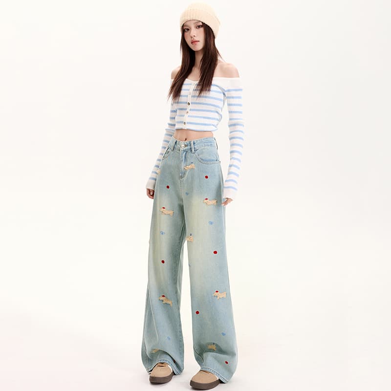 ストレートパンツ うさぎ刺繍入りワイドデニムパンツ