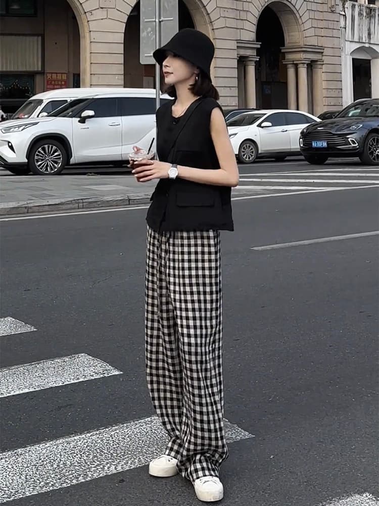 格子模様ゆったりストレートパンツ