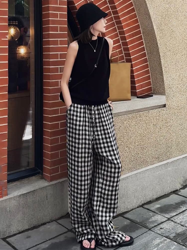 格子模様ゆったりストレートパンツ