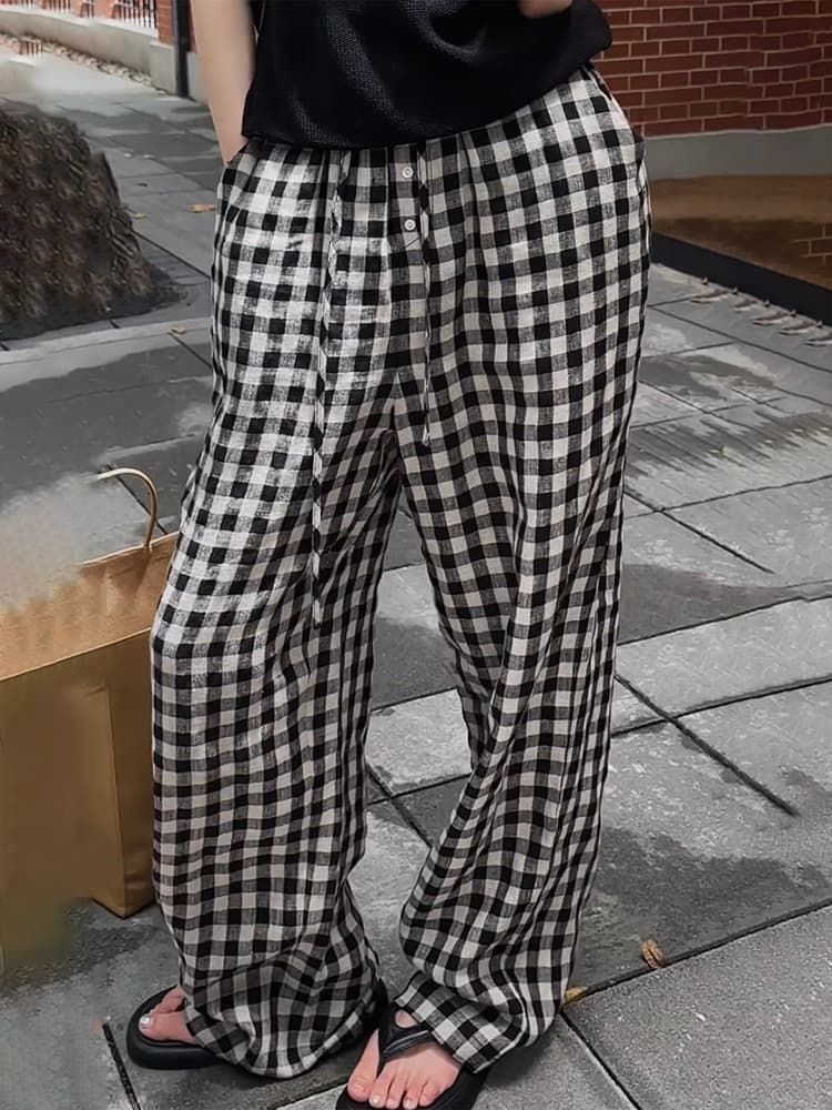格子模様ゆったりストレートパンツ