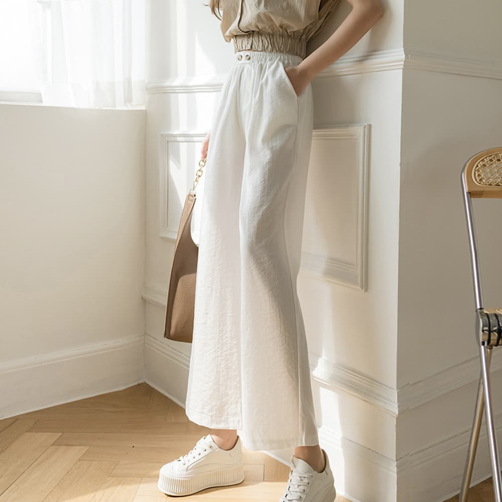 ストレートパンツ 綿麻ワイドパンツ レディース ボトムス 九分丈