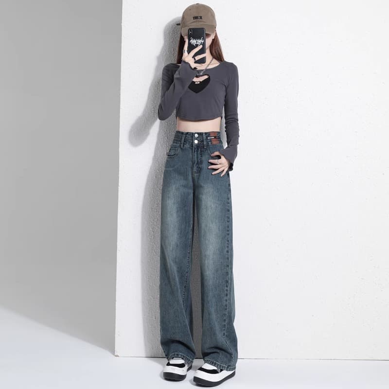 ストレートパンツ ハイウエストゆったりデニム