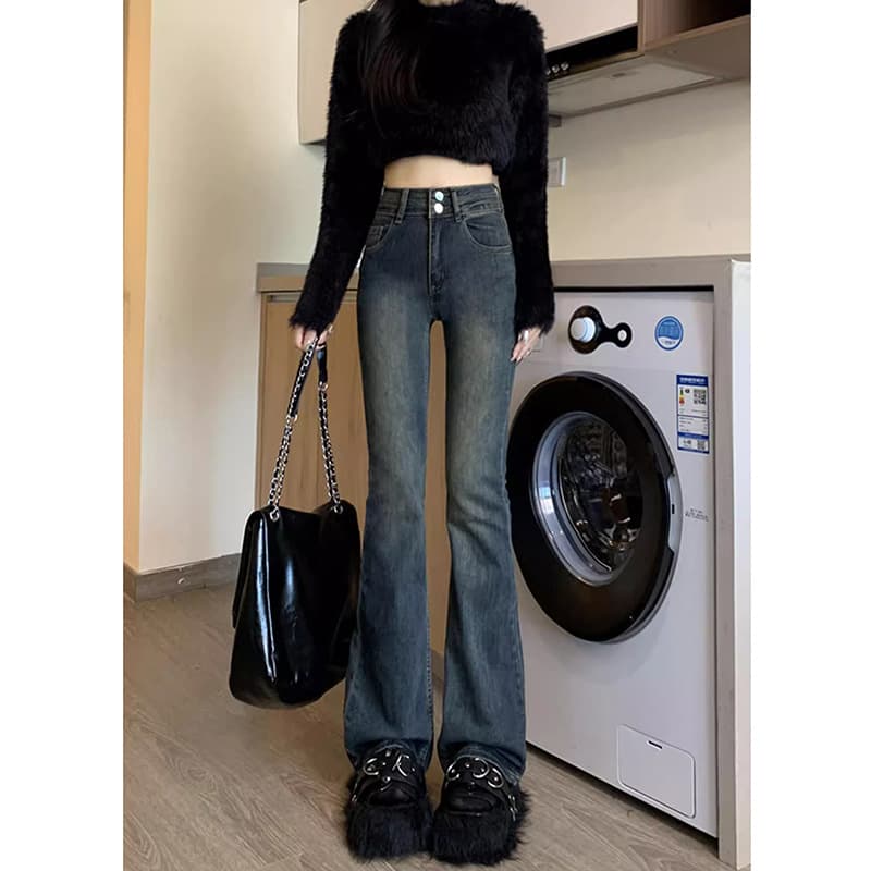 ストレートパンツ 裾フレアシルエットデニムパンツ