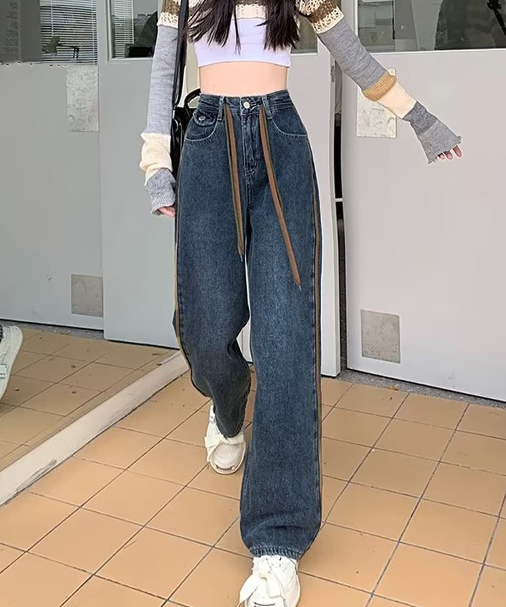 ストレートパンツ サイドライン入りデニムパンツ ハイウエスト美脚ストレート