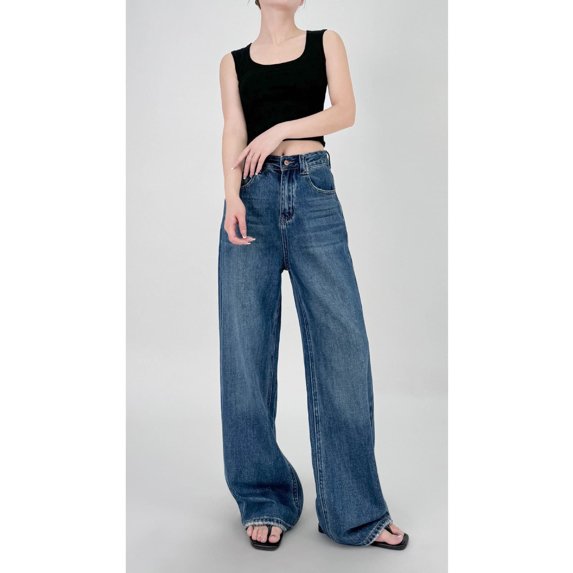 ストレートパンツ ゆったりハイウエストストレートデニム