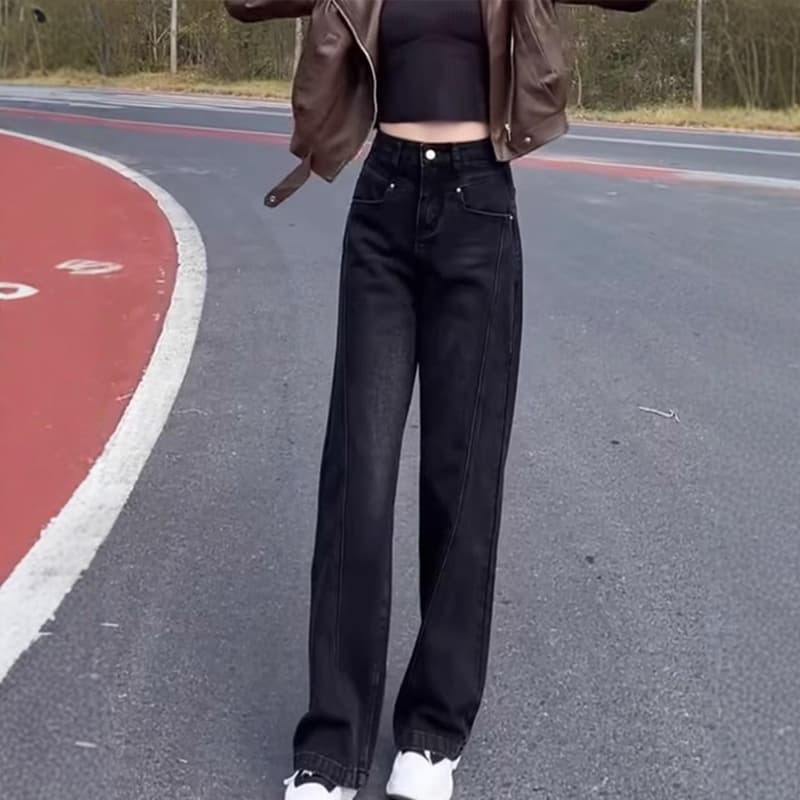 ストレートパンツ ハイウエストルーズストレートデニム