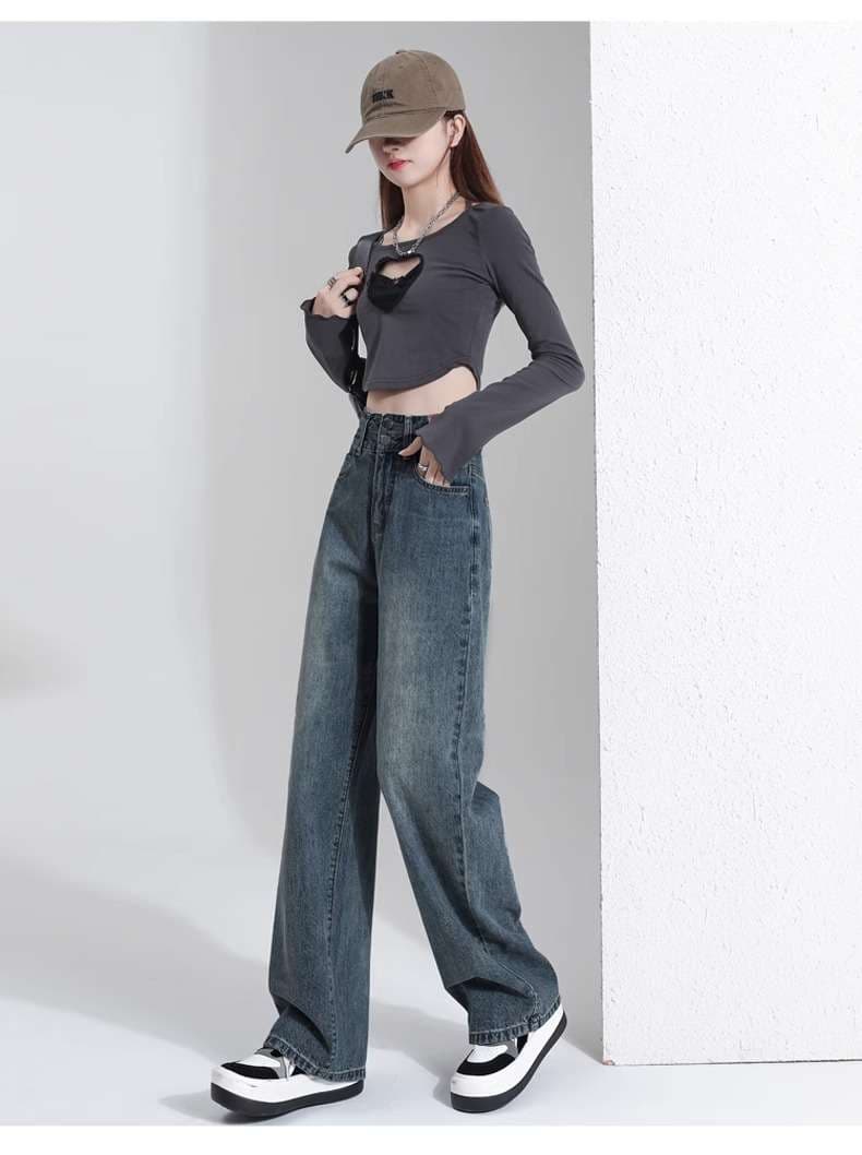 ストレートパンツ ゆったりワイドデニム美脚パンツ