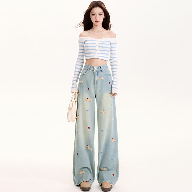 ストレートパンツ うさぎ刺繍入りワイドデニムパンツ