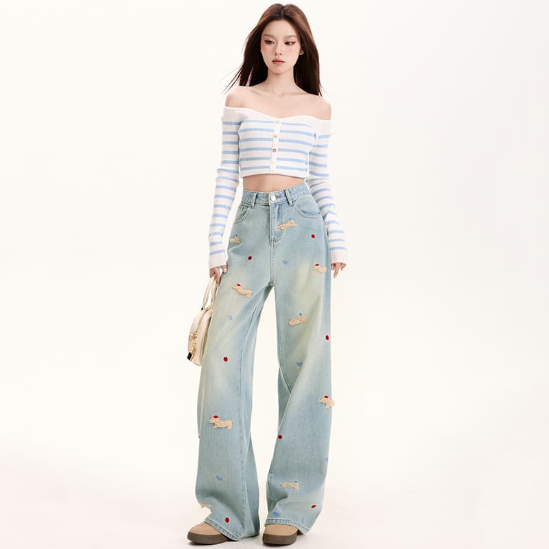 ストレートパンツ うさぎ刺繍入りワイドデニムパンツ