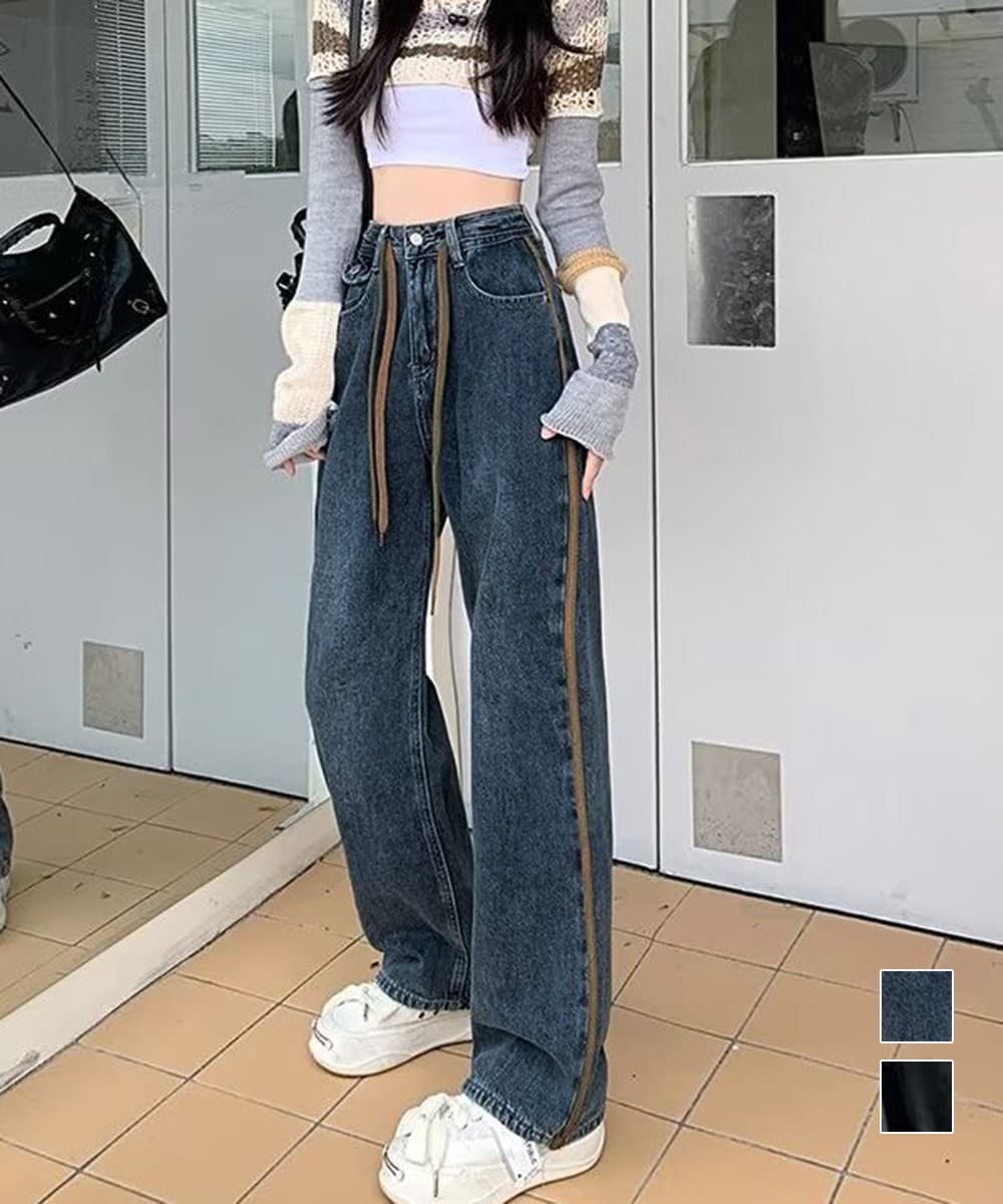 ストレートパンツ サイドライン入りデニムパンツ ハイウエスト美脚ストレート