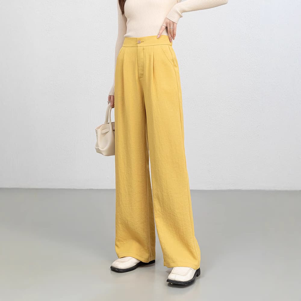ストレートパンツ 天然素材高腰ストレートパンツ