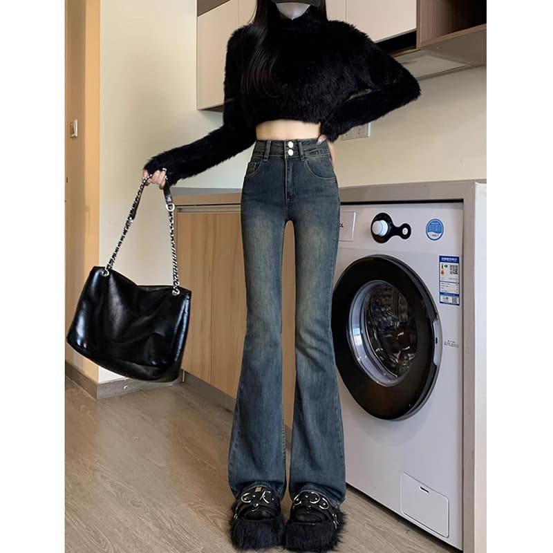 ストレートパンツ 裾フレアシルエットデニムパンツ