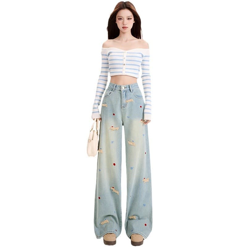 ストレートパンツ うさぎ刺繍入りワイドデニムパンツ