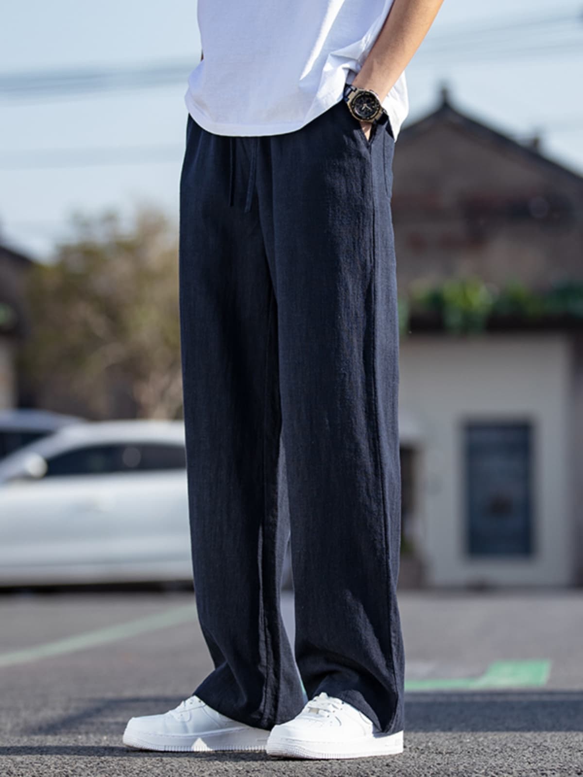 ストレートパンツ ゆったりシルエット リラックス麻混パンツ
