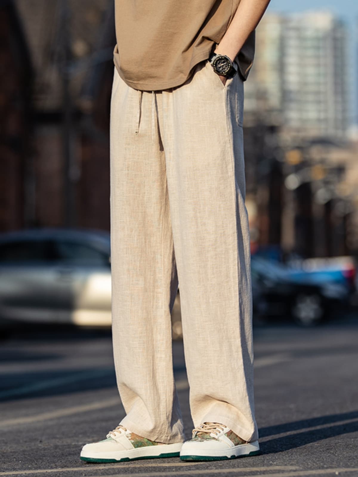 ストレートパンツ ゆったりシルエット リラックス麻混パンツ