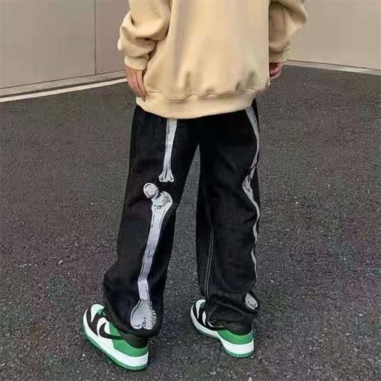 骨格刺繍ダークデニム メンズストレートパンツ