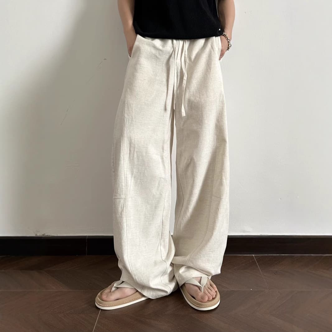 ストレートパンツ 風合い豊かな麻混ゆったりカーゴパンツ