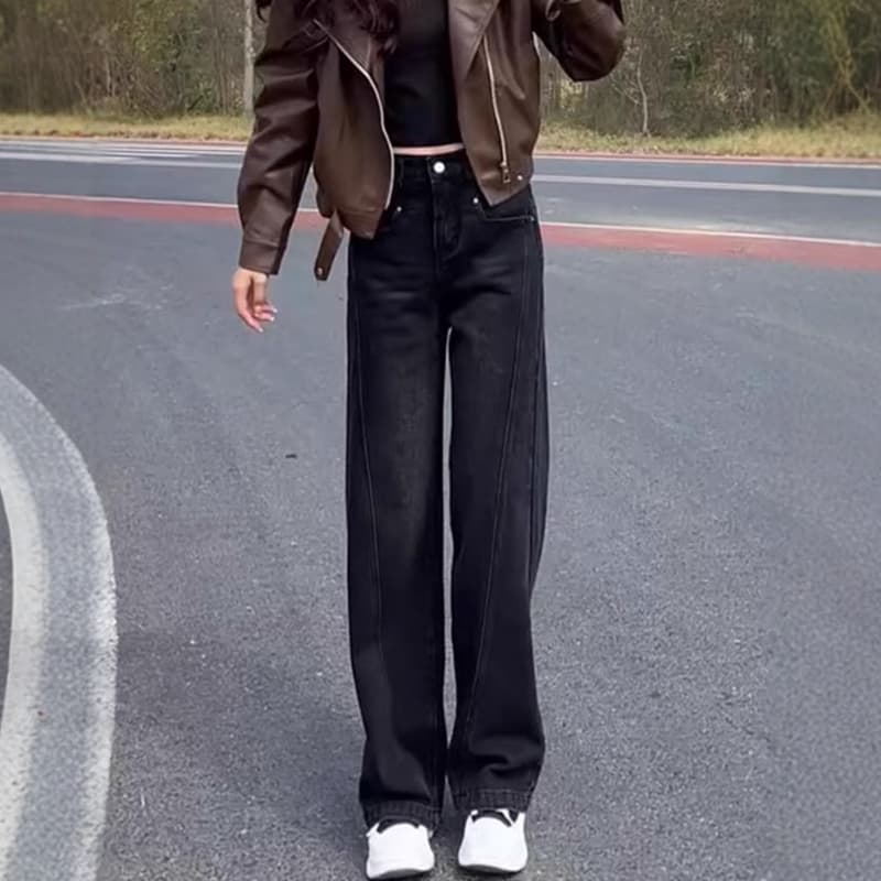 ストレートパンツ ハイウエストルーズストレートデニム