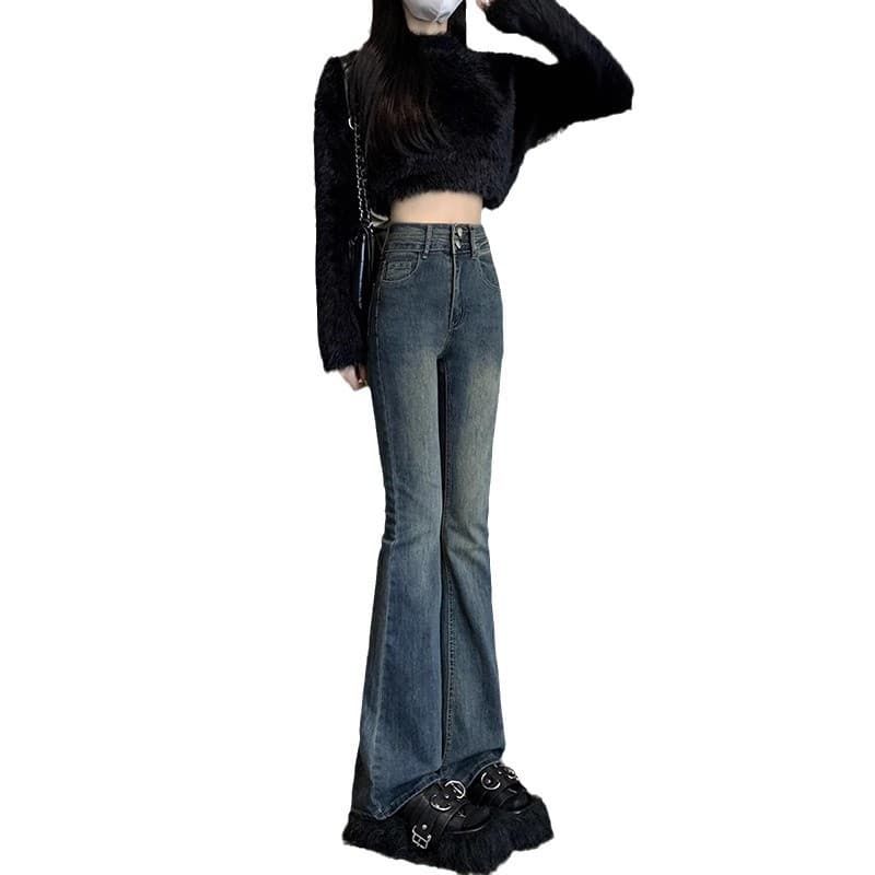 ストレートパンツ 裾フレアシルエットデニムパンツ