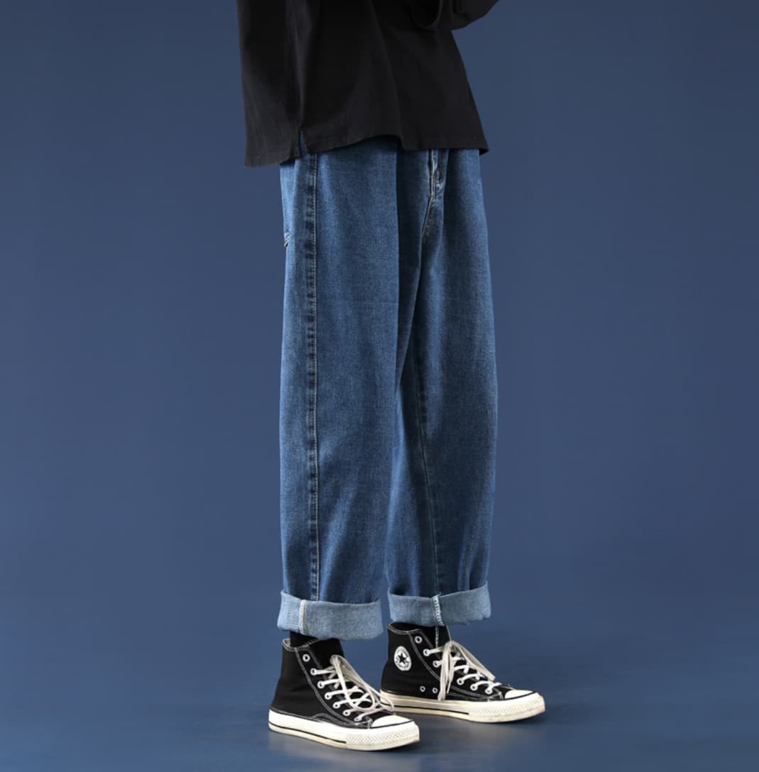 ストレートパンツ シンプルユニセックスワイドデニムパンツ