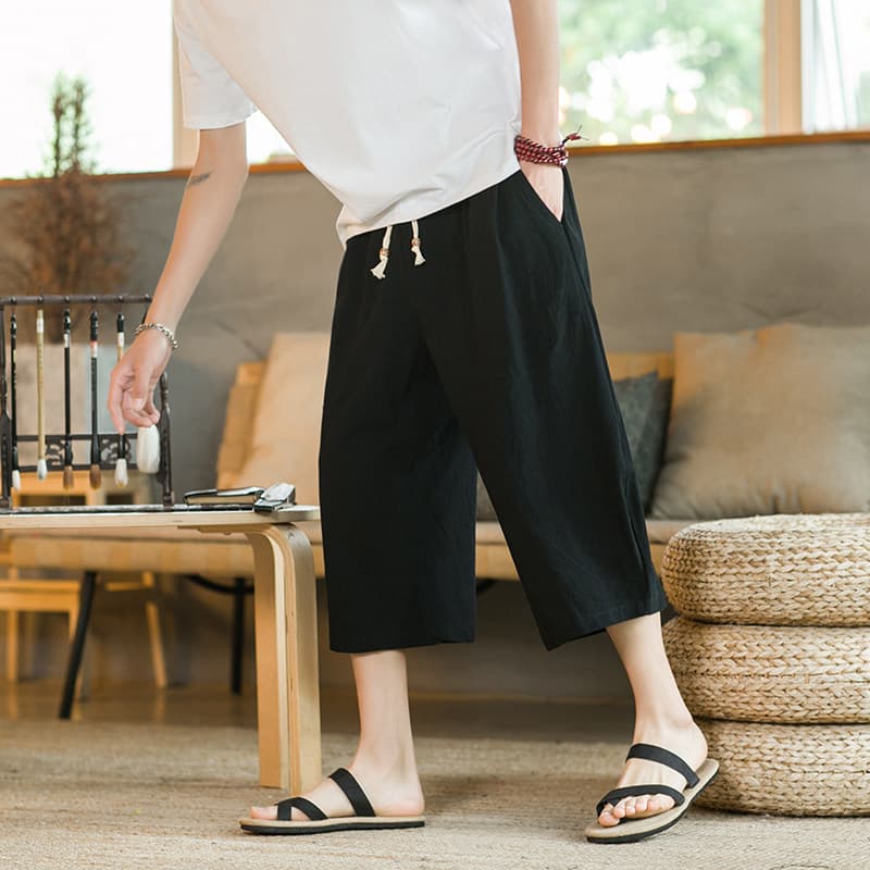 ストレートパンツ 涼やか麻素材ゆったりワイドクロップドパンツ