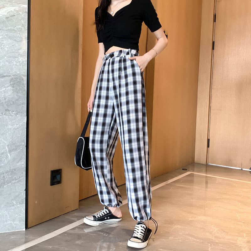 ストレートパンツ 格子柄ゆったりワイド ストレート美脚パンツ