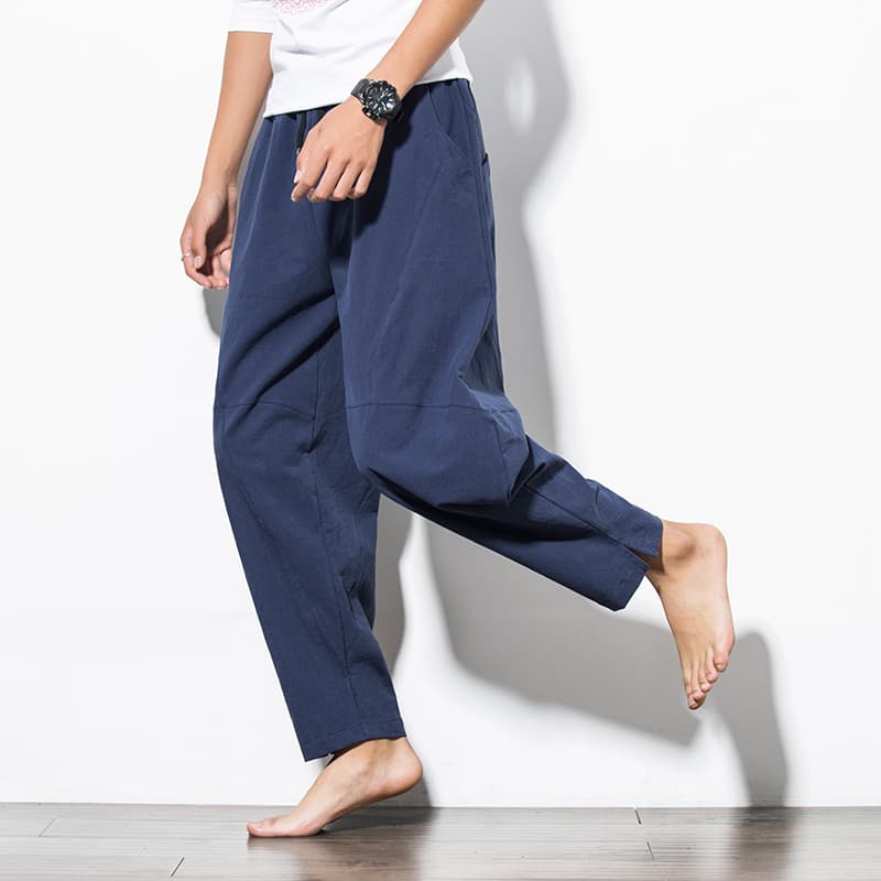 ストレートパンツ ゆったりリラックス麻混紡パンツ