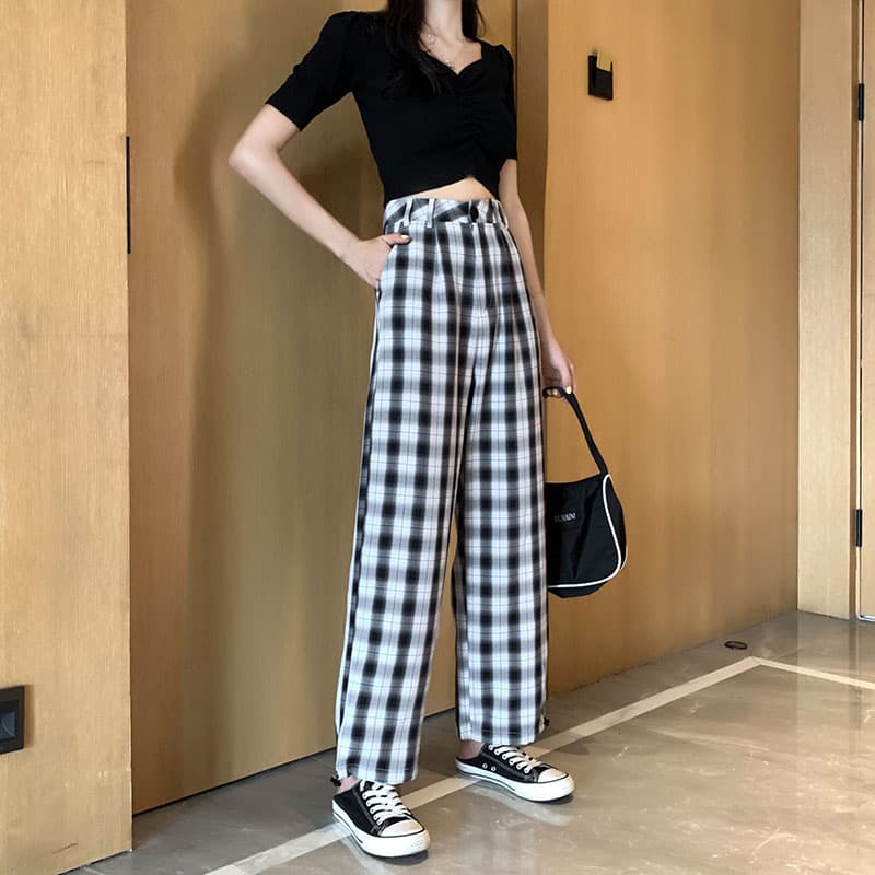 ストレートパンツ 格子柄ゆったりワイド ストレート美脚パンツ