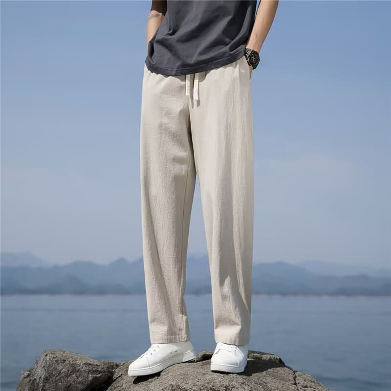 ストレートパンツ 麻混紡素材 ゆったりストレートパンツ
