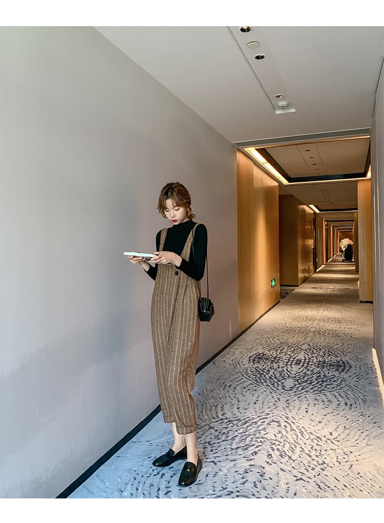 ストレートパンツ 韓国風チェック柄サロペットパンツ ゆったりストレート