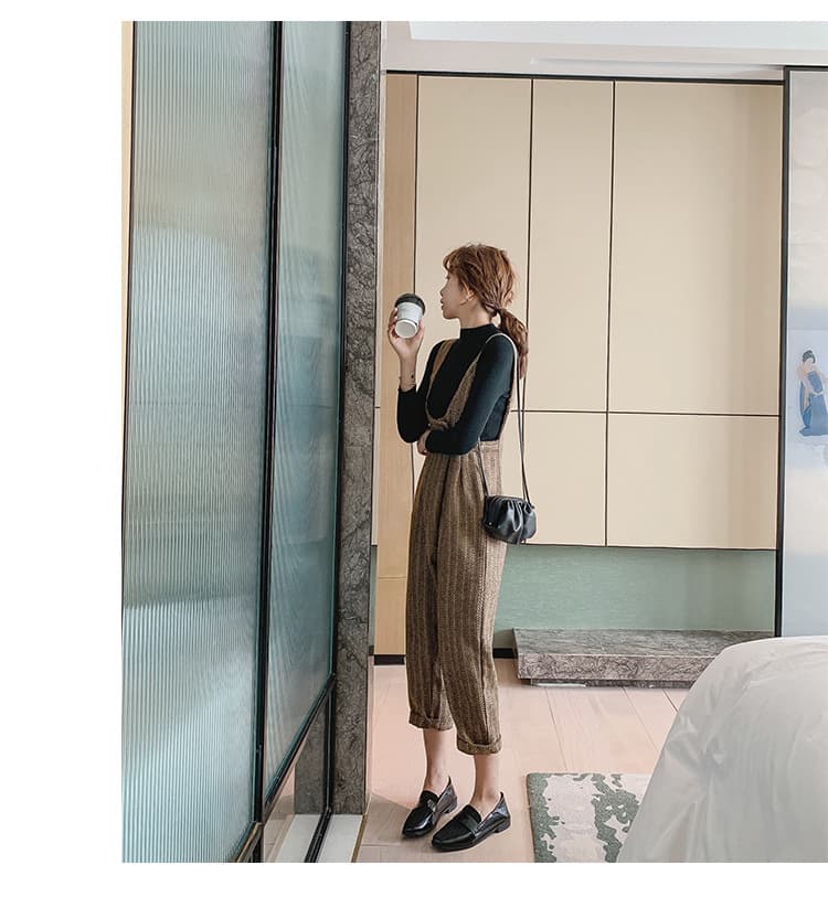 ストレートパンツ 韓国風チェック柄サロペットパンツ ゆったりストレート