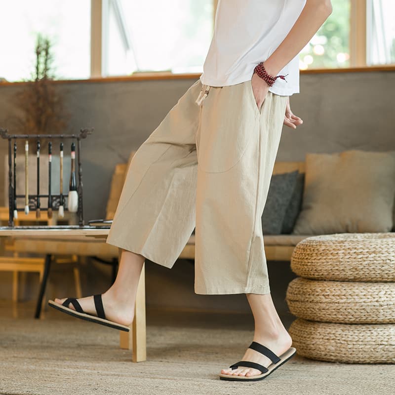 ストレートパンツ 涼やか麻素材ゆったりワイドクロップドパンツ