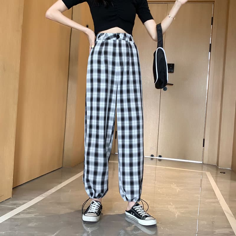 ストレートパンツ 格子柄ゆったりワイド ストレート美脚パンツ