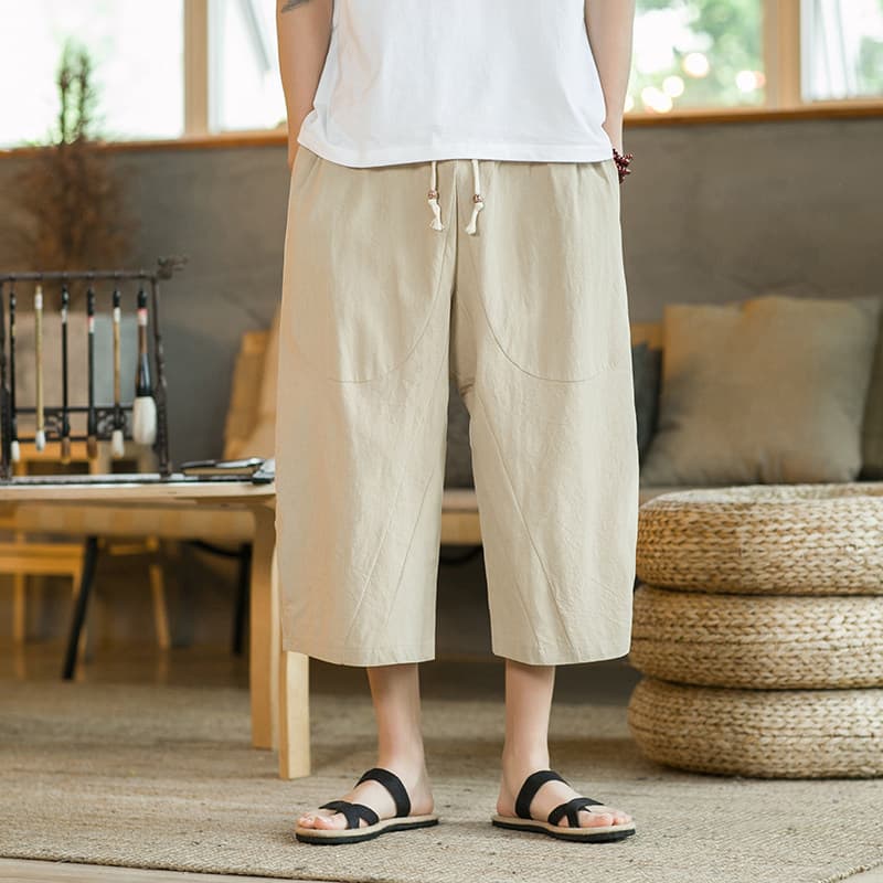 ストレートパンツ 涼やか麻素材ゆったりワイドクロップドパンツ