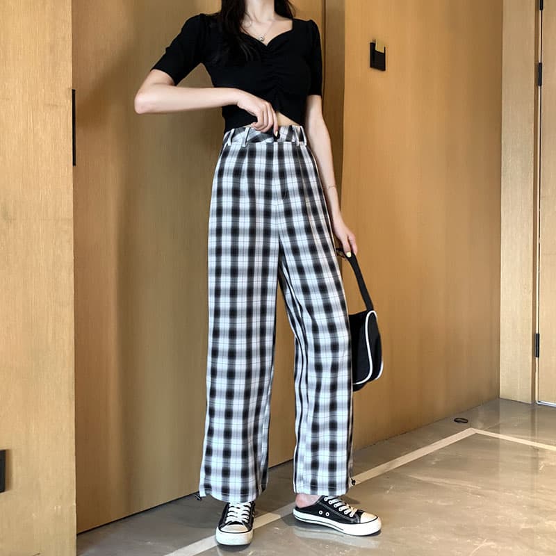 ストレートパンツ 格子柄ゆったりワイド ストレート美脚パンツ