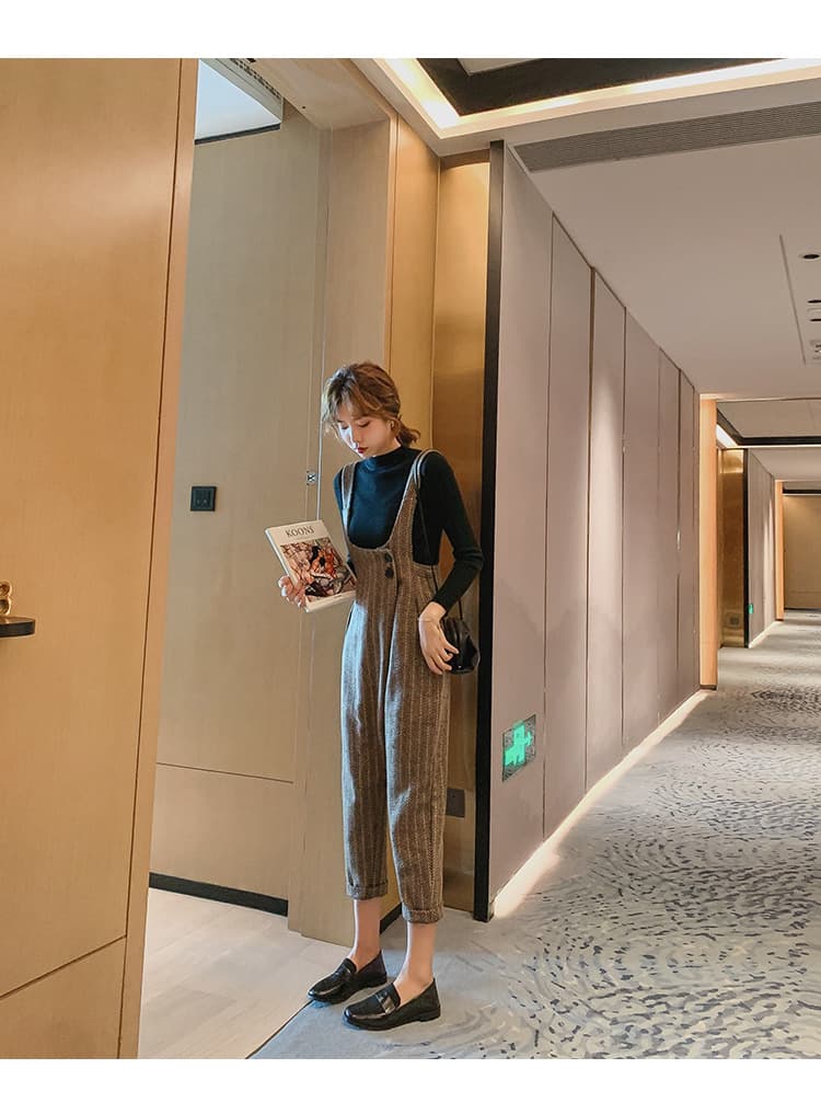 ストレートパンツ 韓国風チェック柄サロペットパンツ ゆったりストレート