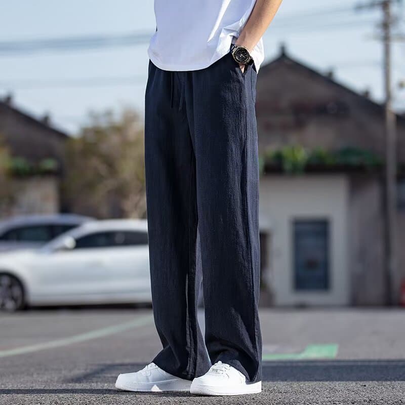ストレートパンツ 麻混紡素材 ゆったりストレートパンツ