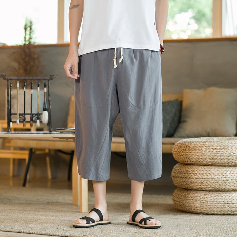 ストレートパンツ 涼やか麻素材ゆったりワイドクロップドパンツ