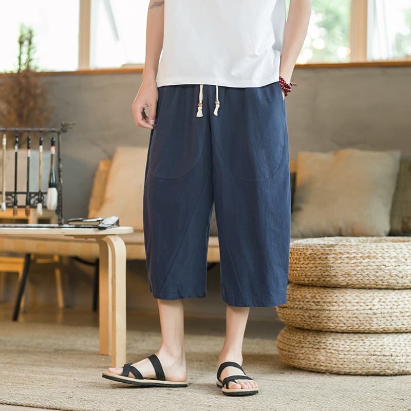 ストレートパンツ 涼やか麻素材ゆったりワイドクロップドパンツ